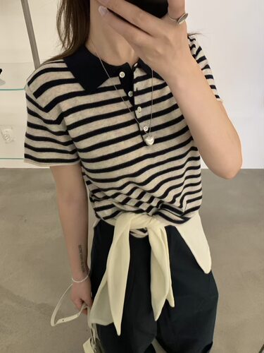 High kiss小众设计韩国春夏翻领撞色条纹短袖上衣休闲Polo衫