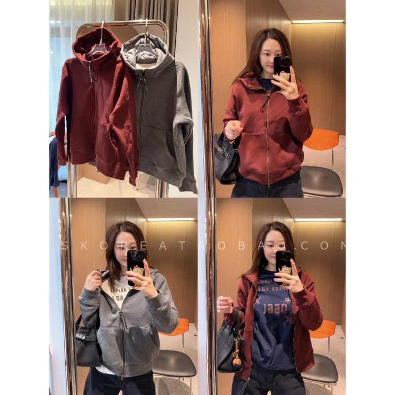 暖和爆米花绒不臃肿～现货2025复古酒红色拉链加绒连帽卫衣外套