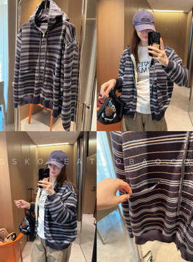 8折文艺风经典蓝色条纹～现货2025双向拉链口袋连帽针织外套