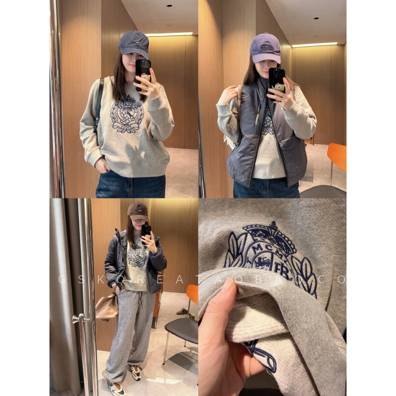 深圳高端～现货2025英伦风麦穗优质加绒拉绒显瘦刺绣灰色卫衣