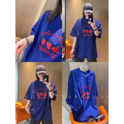 巨显白挺括粗棉~现货2026新款红色草莓宝蓝色刺绣宽松大版短袖T恤