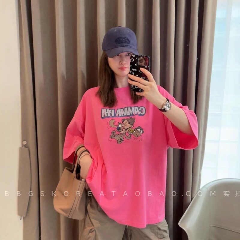 现货2026夏季新款女装水洗粗棉荧光粉色宽松大版印花短袖T恤