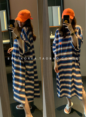 已定自留2025夏季橙色蓝条纹大版宽松中长款T恤式连衣裙