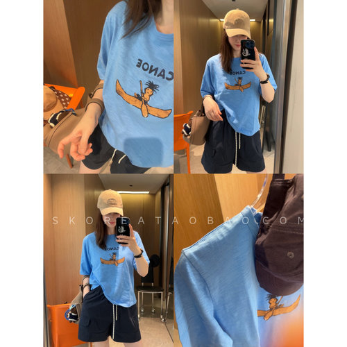 小众贵牌～现货自留2026夏季天蓝色竹节棉显瘦印花小宽松短袖T恤