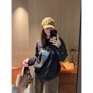 现货特殊定制面料舒服百搭～软薄2026春秋黑灰色印花长袖宽松T恤