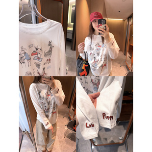 领口磨破设计～2026小狗印花薄款 防晒T恤 春夏白色长袖