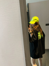 已定韩国夏季男女同款盖臀oversize大版荧光黄绿色大码宽松T恤