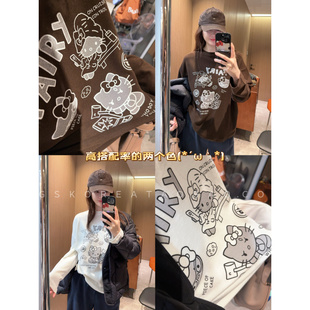 Bi买推荐自留～现货大弹力磨毛百搭巧克力色卡通印花显瘦长袖T恤