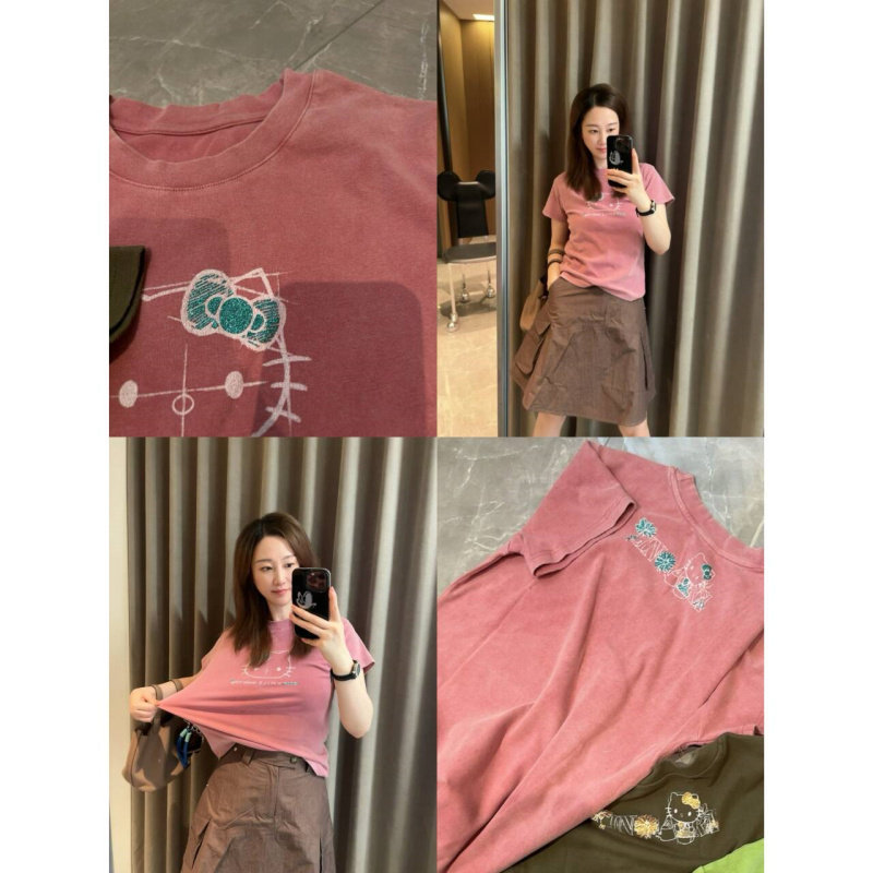 现货炒色显瘦修身～大弹力小众前后kitty印花水洗粉色短袖T恤