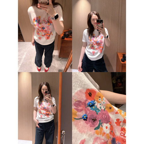 自留重工钉珠～现货2026花园系列显白显瘦春夏正肩白色短袖T恤