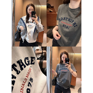 现复古高级感植绒字母2026春季刺绣红蓝印花灰色白色短袖T恤正肩