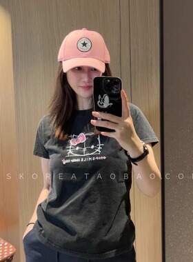 炒色重工粉色~现货2025正肩显瘦kitty水洗黑灰色小版短袖T恤