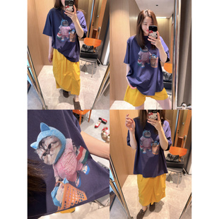 显白可爱胖猫～现货2026蓝紫色软料水洗旧感印花宽松盖臀短袖T恤