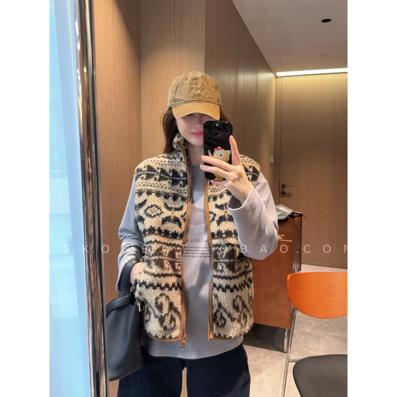 现货2025费尔岛米色花纹立领保暖小羊羔马甲背心,女装/女士精品,短外套,淘宝优惠券,粉丝福利购,淘宝优惠卷