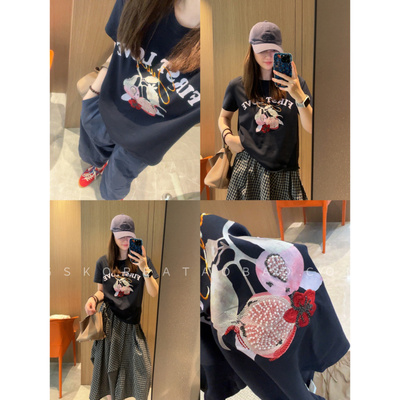 石榴钉珠印花～现货2026四季百搭显瘦正肩大弹力藏青色短袖T恤