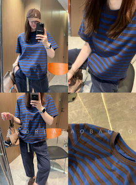 帅气宝蓝色配棕色条纹～现货2025夏季新款正肩显瘦显白短袖T恤