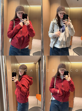 深圳高端～现货节日氛围感大红2025秋冬厚绒绒保暖连帽拉链外套