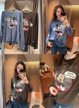 复古大卡通～现货2025怀旧风印花蓝色灰色绒绒大弹力长袖T恤