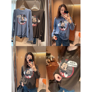 复古大卡通～现货2025怀旧风印花蓝色灰色绒绒大弹力长袖 T恤