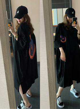 2026春夏季橙色印花宽松大码oversizeT恤式中长款连衣裙