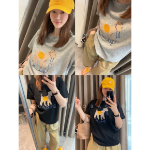 现货高精刺绣太阳黄～卡通印花巨显瘦黑色灰色小版 T恤 正肩短袖