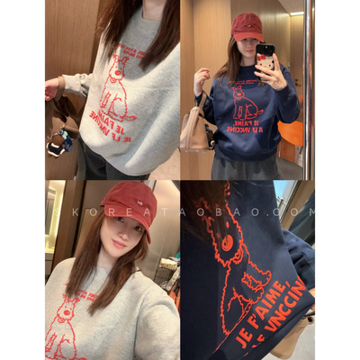 大红色立体印花～现货2026春季冬季狗狗藏青色灰色加绒宽松卫衣