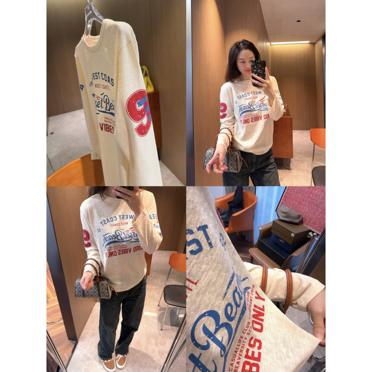 现货三季试穿款～美式奶油白色纹理面料小版数字袖子印花长袖T恤