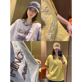 明线设计立体刺绣～现货2025鹅黄色浅紫色水洗竹节棉宽松短袖T恤