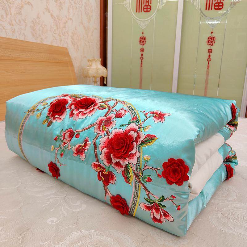 高档立体刺绣真丝绸缎面纯手工结婚陪嫁新疆棉花被子学生春秋冬被,床上用品,棉花被,淘宝优惠券,粉丝福利购,淘宝优惠卷