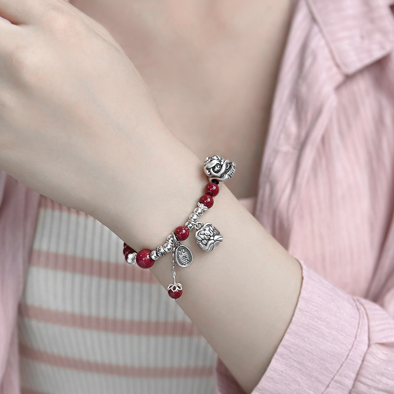 新中式纯银醒狮手链女天然朱砂手串男情侣闺蜜转运珠银饰锦鲤礼物