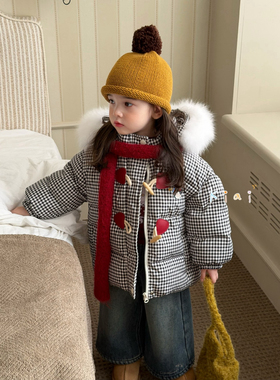 凡妈童装25冬季新款女童小童韩版可爱卡通印花格子毛领羽绒服外套