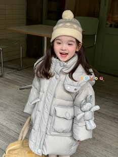 凡妈童装25冬季新款女童小童韩版可爱兔子玩偶中长连帽羽绒服洋气