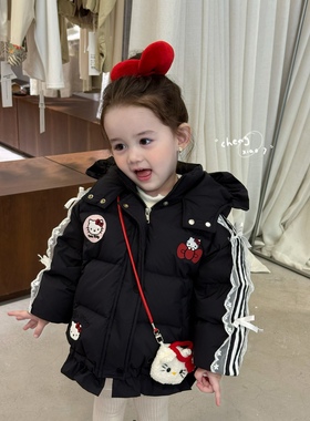 凡妈童装25冬季新款女童小童韩版KT猫蕾丝花边洋气连帽羽绒服外套