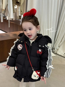 凡妈童装25冬季新款女童小童韩版KT猫蕾丝花边洋气连帽羽绒服外套