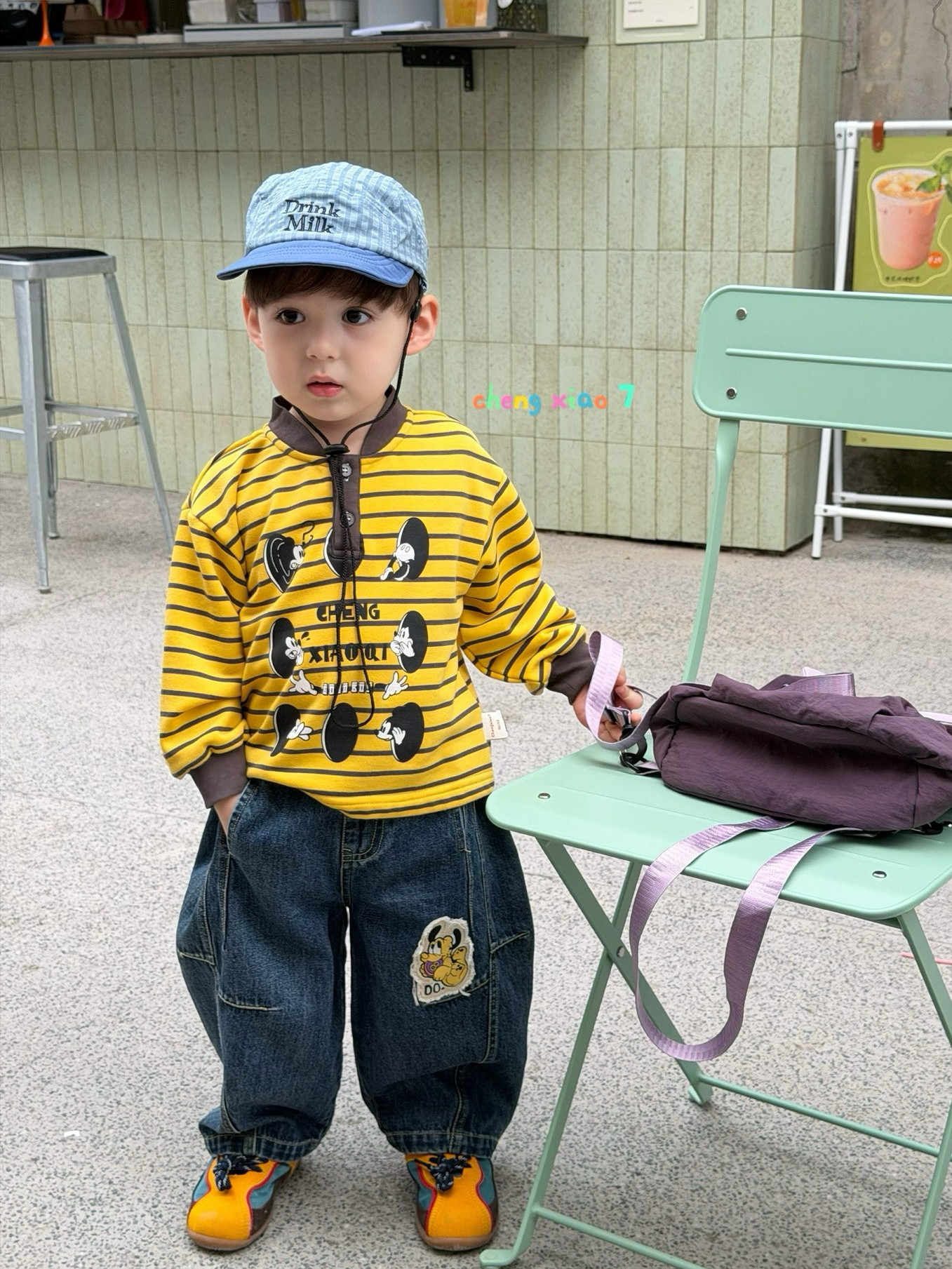 凡妈童装2026秋季新款男童小童韩版贴布洋气牛仔裤米奇条纹卫衣