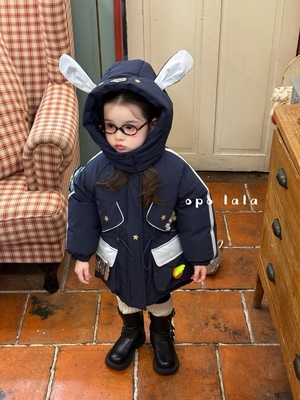 女童中长拉链韩版连帽棉服厚款