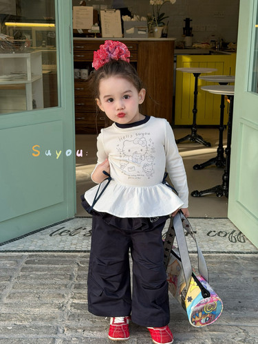 女童小童春款KT猫荷叶边休闲长裤