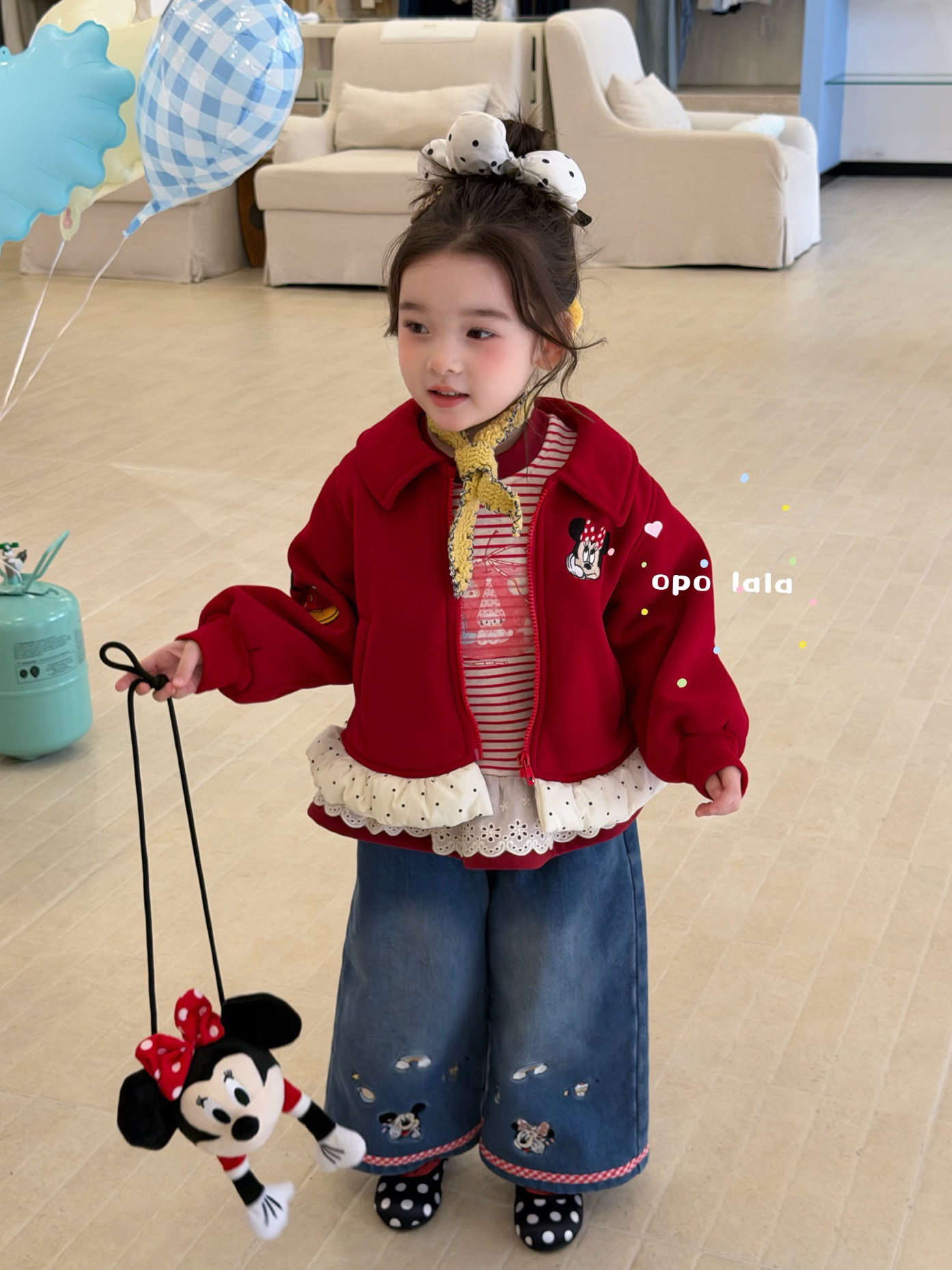 凡妈童装26秋冬款女童小童条纹打底衫牛仔裤米奇玩偶花边加绒外套
