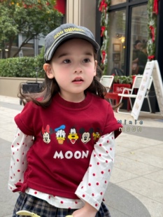 凡妈童装26春新款女童小童韩版卡通米奇印花波点打底衫两件套T恤