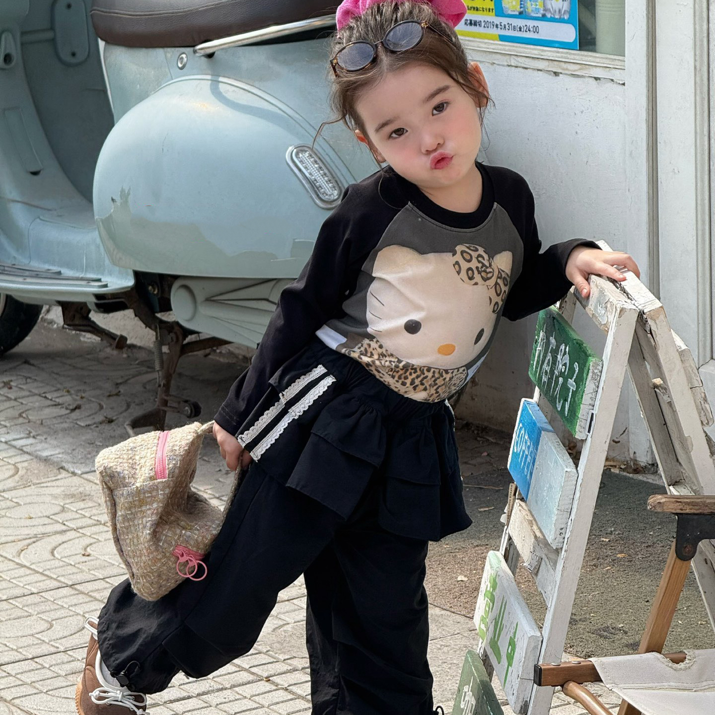 凡妈童装25秋新款女童小童韩版时髦修身卡通T恤荷叶边休闲工装裤