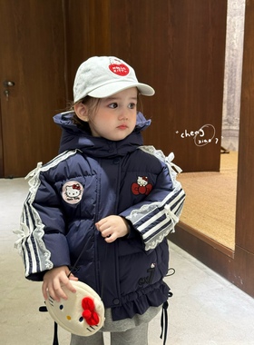 凡妈童装25冬季新款女童小童韩版可爱KT猫蕾丝花边连帽羽绒服外套