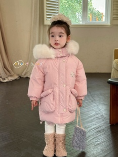 凡妈童装冬季新款女童小童韩可爱精灵帽大毛领中长厚实羽绒服外套