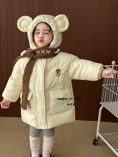 凡妈童装2025冬季新款女童小童韩版可爱小熊耳朵帽刺绣羽绒服洋气