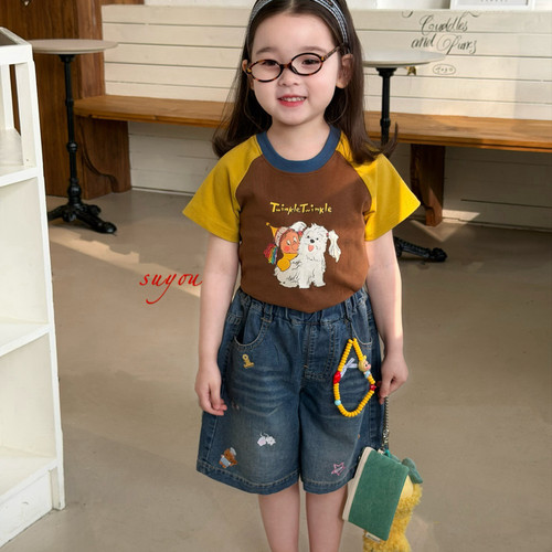 女童夏季牛仔裤卡通拼色修身T恤