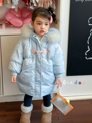 女童韩版卡通精灵帽毛领羽绒服