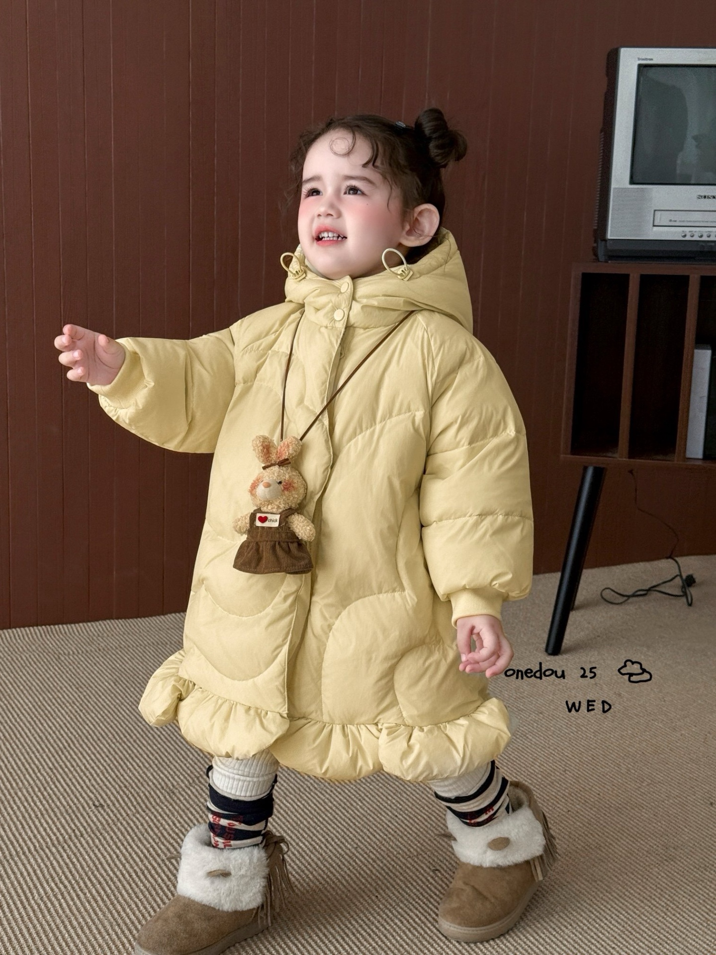 女童韩版花瓣连帽可爱中长羽绒服