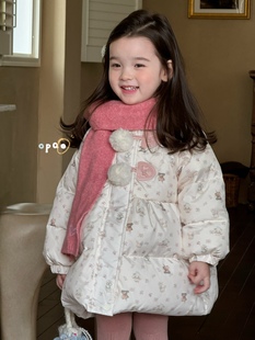 凡妈童装2025冬季新款女童小童韩系卡通碎花精灵帽中长羽绒服外套