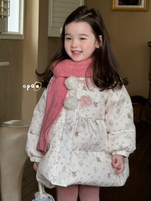 女童韩系卡通碎花精灵帽羽绒服