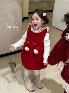 凡妈童装26秋冬款女童小童韩版加绒打底衫童趣可爱猫咪毛毛背心裙