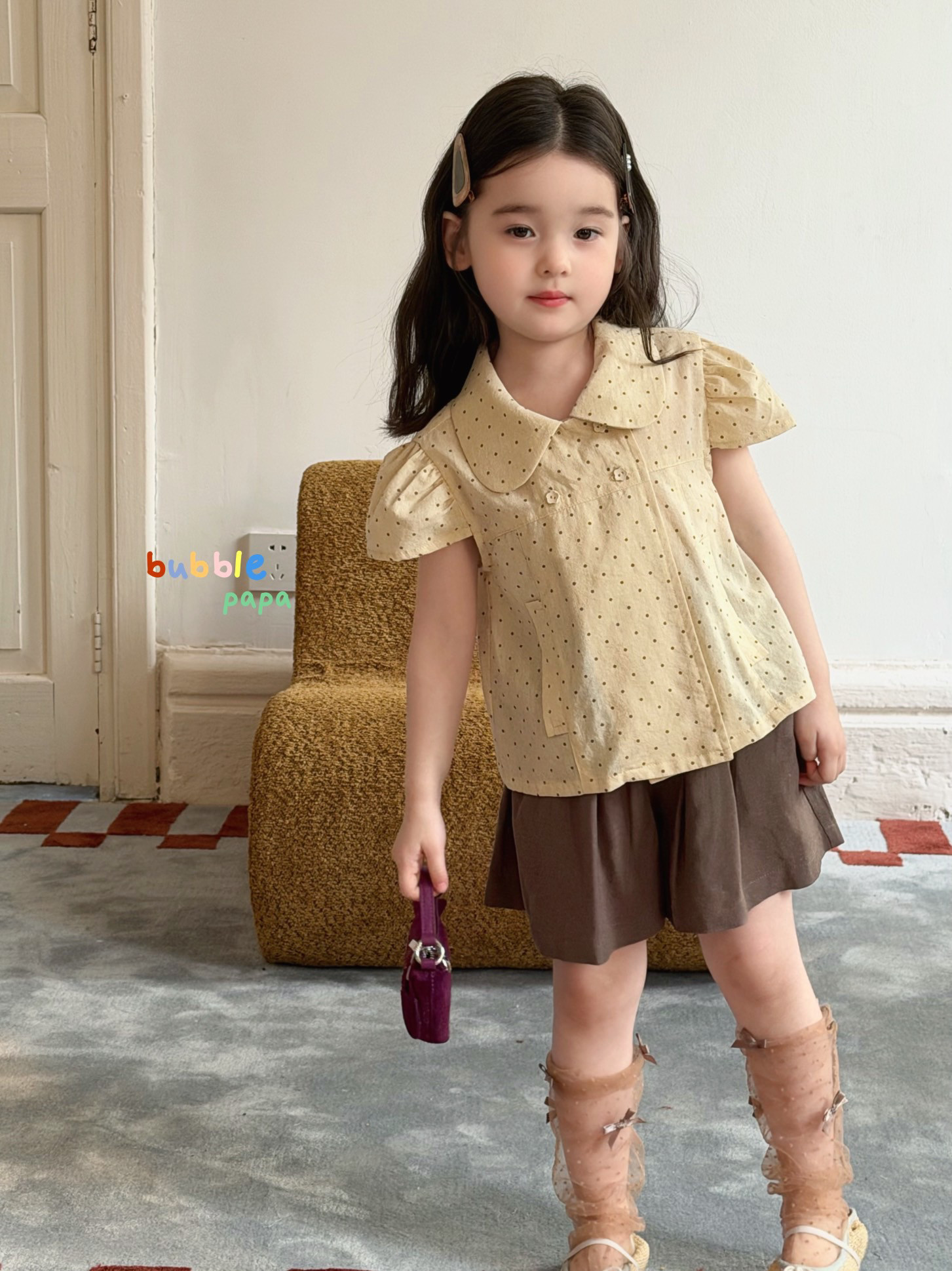 凡妈童装26夏季新款女童小童韩版休闲裙裤半裙波点棉布娃娃衫衬衫